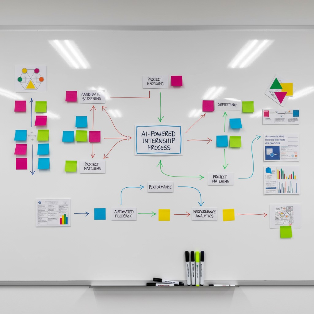 A whiteboard is displayed with a flowchart illustrating the AI-powered internship process, featuring a mix of simple lines...