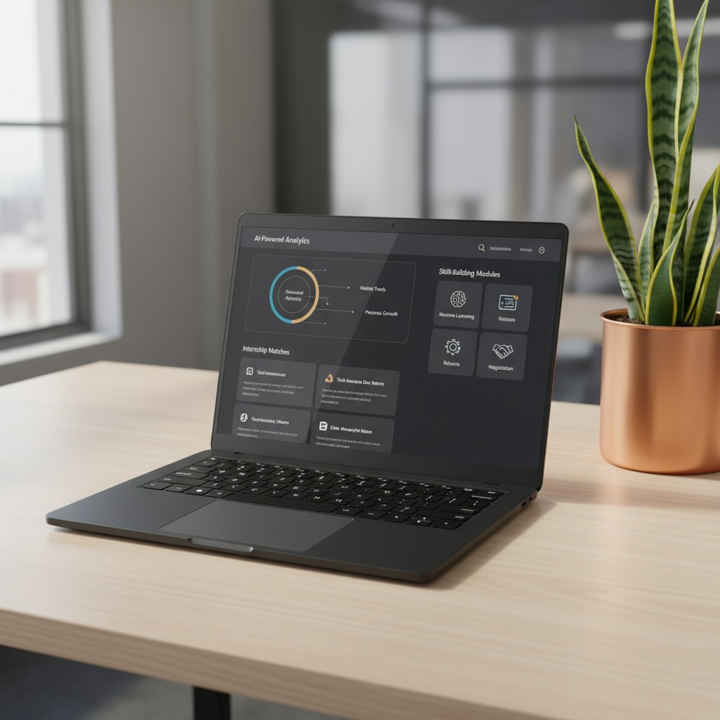 AI powered analytics dashboard laptop on a desk with plant in background.