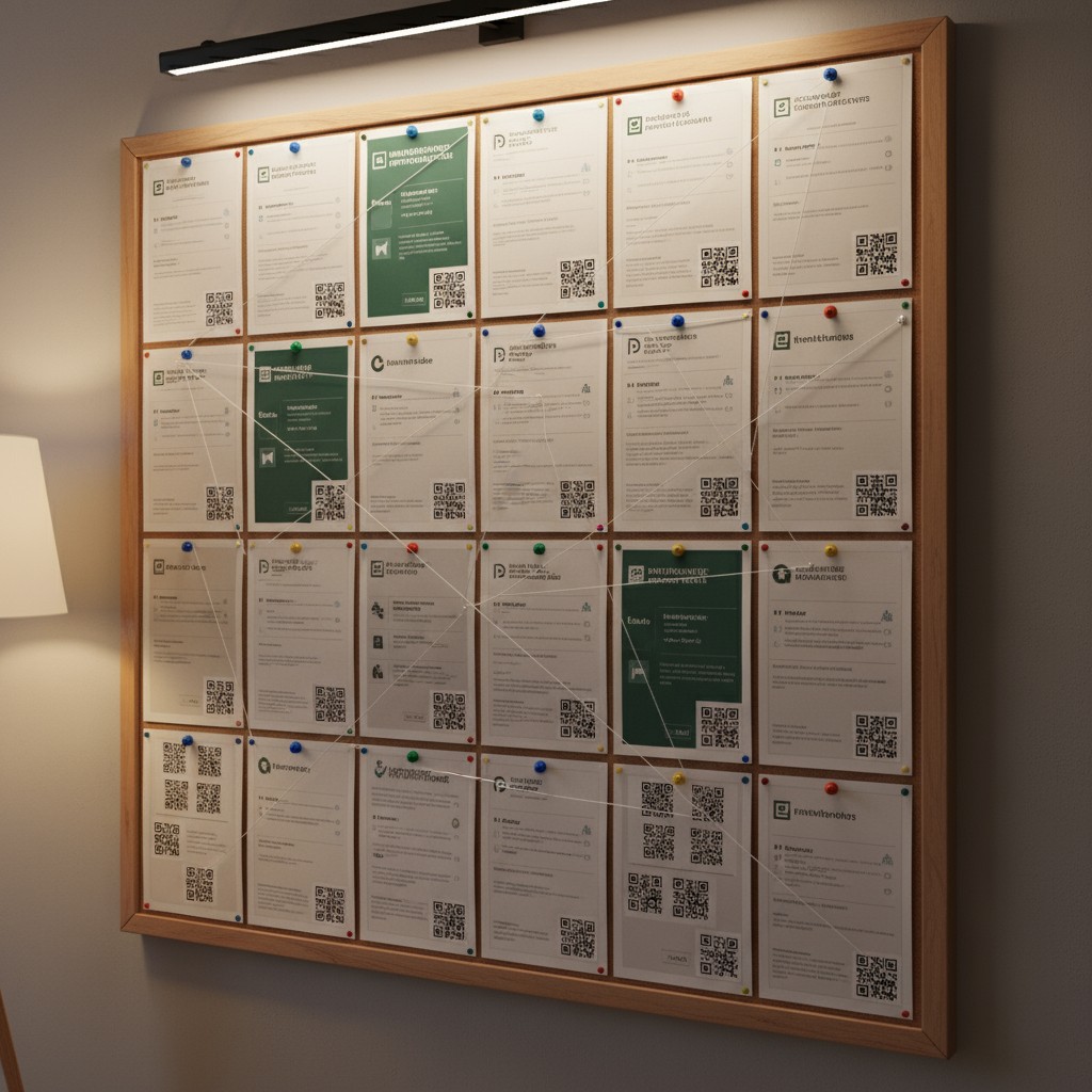 Large bulletin board with multiple posters pinned to it, with many QR codes. The board and UFO are night-lit.