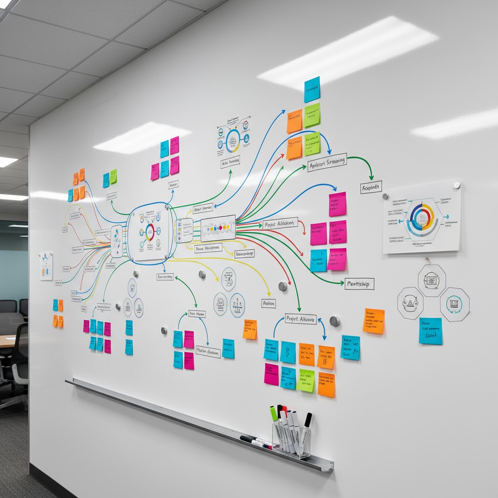 Whiteboard wall in office with plans and ideas drawn and posted by different colored sticky notes.