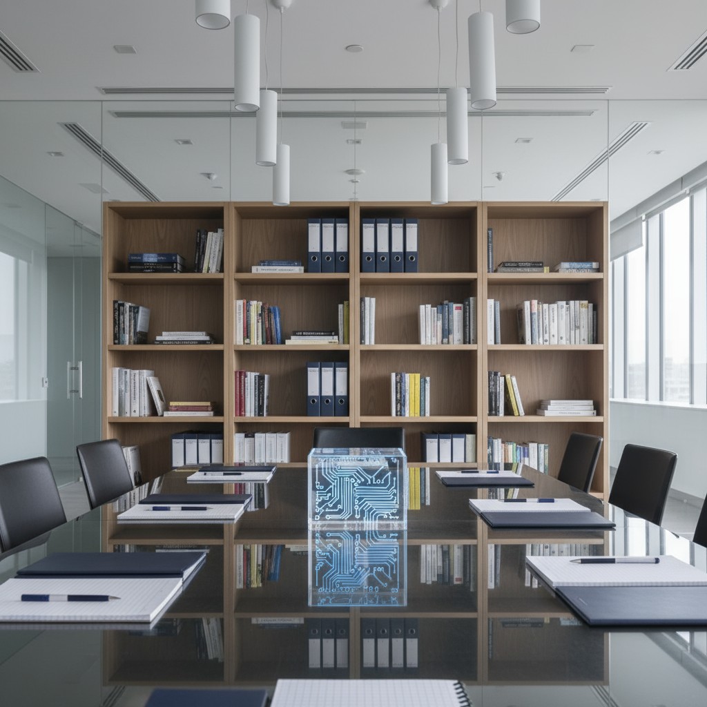 Modern office conference room with large window-lined walls, central glass table with network illustration cube, tall ceil...