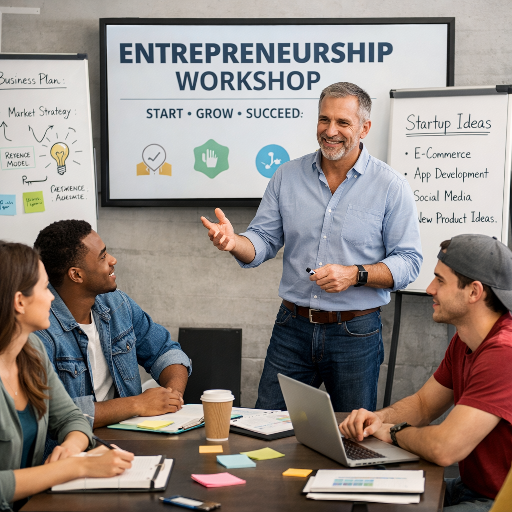 Instructor leading an entrepreneurship workshop with participants discussing startup ideas